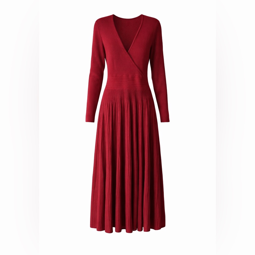 Red Ribbed Knit Wrap Flattering Midi Dress Fit & Flare XL